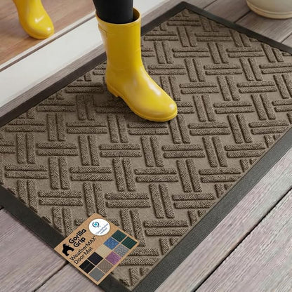 GORILLA GRIP 100% Waterproof All-Season WeatherMAX Doormat 35x23, US Designed Natural Rubber, Stain and Fade Resistant, Low Profile Indoor Outdoor Door Mats, Easy Clean Patio Mat, Taupe Basket Weave