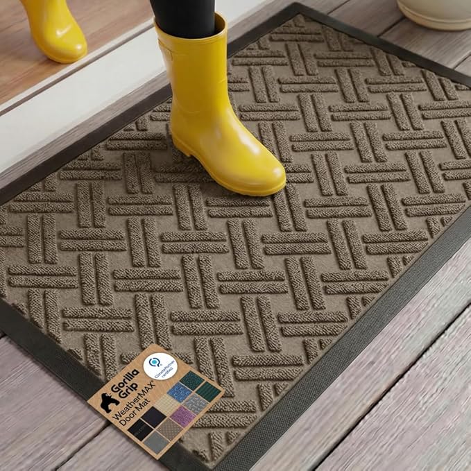 GORILLA GRIP 100% Waterproof All-Season WeatherMAX Doormat, US Designed Natural Rubber, Stain and Fade Resistant, Low Profile Indoor Outdoor Door Mats, Easy Clean Patio Mat, 29x17, Taupe Basket Weave