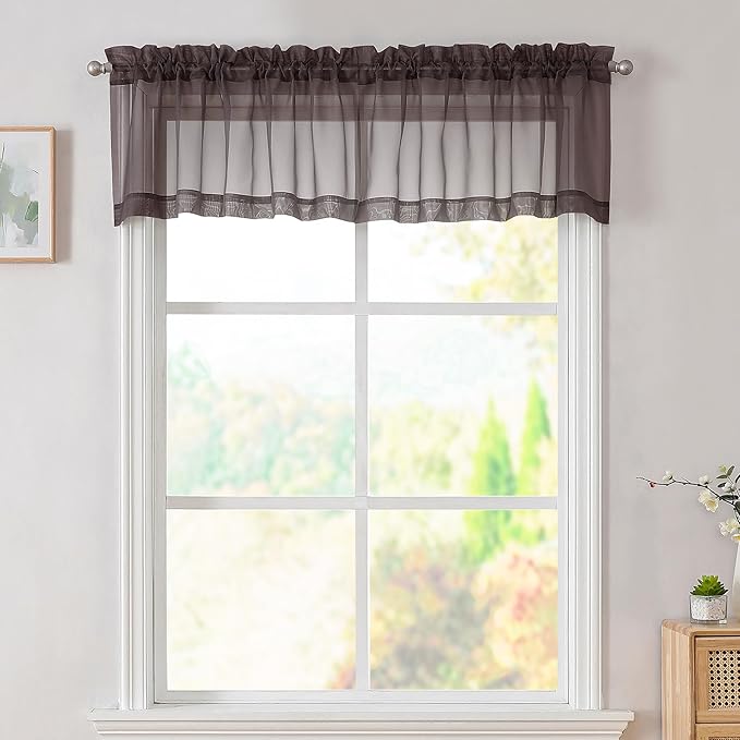 Simplebrand Chocolate Valances 14 Inches Long for Living Room Pocket 2 Panel Light Filtering Sheer Translucent Valence Toppers for Short Window Kitchen Bathroom Bedroom 42x14 Inch Length