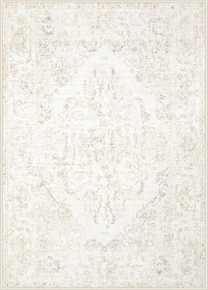 5x7 Area Rugs for Living Room: Washable Rug Vintage Large Rugs Soft Non Slip Low Pile Rug Floral Distressed Floor Carpet for Bedroom Kitchen Nursery Dining Room Home Office (Beige, 5'x7')