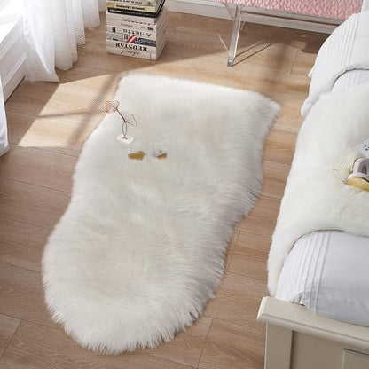 Small Faux Fur Rug 2x4 ft Ultra Soft Sheepskin Rugs Chair Sofa Cover Seat Pad, White Fluffy Shag Rug for Bedroom Nursery Kids Room, Luxury Shaggy Rug Fuzzy Plush Floor Carpets