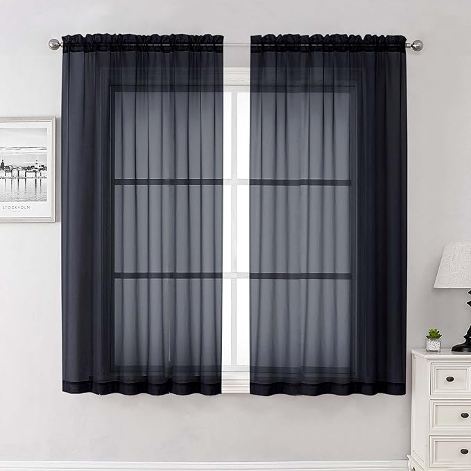 Lecloud Black Sheer Curtains 63 Inch Length 2 Panels, Voile Light Filtering Living Room Curtains for Bedroom, Rod Pockets Solid Soft Drapes for Bathroom Home Office, Each Panel 59" W x 63" L