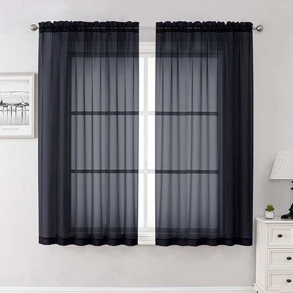 Lecloud Black Sheer Curtains 63 Inch Length 2 Panels, Voile Light Filtering Living Room Curtains for Bedroom, Rod Pockets Solid Soft Drapes for Bathroom Home Office, Each Panel 59" W x 63" L