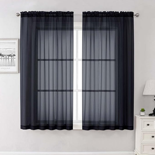 Lecloud Black Sheer Curtains 63 Inch Length 2 Panels, Voile Light Filtering Living Room Curtains for Bedroom, Rod Pockets Solid Soft Drapes for Bathroom Home Office, Each Panel 59" W x 63" L
