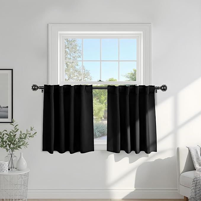 Pony Dance Small Blackout Curtains for Kitchen Drapes Set - Nursery Short Drapes Panels Window Treatments Light Blocking Curtains for Bathroom, 42 Wide by 40 Inches Long, Black, 2 Panels