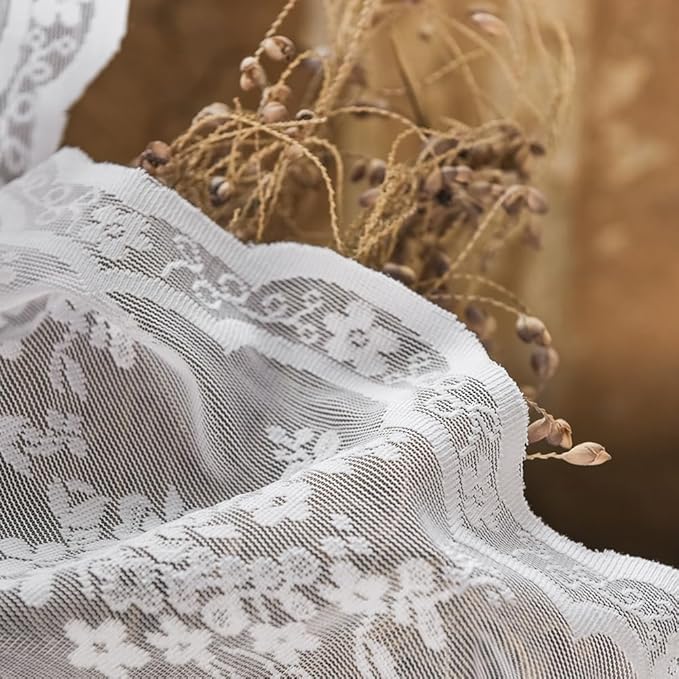 YJ YANJUN Vintage Lace Curtains Chic Floral White Short Sheer Bathroom Curtains for Small Window 2 Panels, Light Filtering Net Drapes for Bedroom, Laundry Room Light Filtering W52 X L45