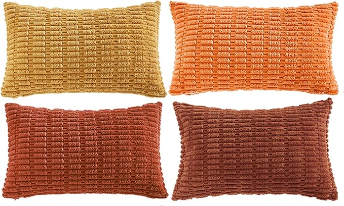 Fancy Homi Set of 4 Burnt Orange Fall Long Lumbar Rectangle Decorative Throw Pillow Covers 12x24 Inch for Couch Bed Chair, Farmhouse Boho Room Decor, Soft Fuzzy Corduroy Textured Cushion Case 30x60cm