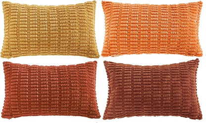 Fancy Homi Set of 4 Burnt Orange Fall Long Lumbar Rectangle Decorative Throw Pillow Covers 12x24 Inch for Couch Bed Chair, Farmhouse Boho Room Decor, Soft Fuzzy Corduroy Textured Cushion Case 30x60cm