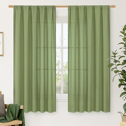 LAMIT Faux Linen Curtains 63 inches Long for Bedroom, Rod Pocket Thick Linen Drapes Light Filtering Privacy Window Spring Decor Curtains for Living Room, 2 Panels (52 x 63 Inch, Green)
