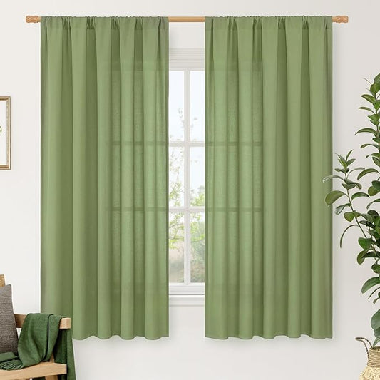 LAMIT Faux Linen Curtains 63 inches Long for Bedroom, Rod Pocket Thick Linen Drapes Light Filtering Privacy Window Spring Decor Curtains for Living Room, 2 Panels (52 x 63 Inch, Green)