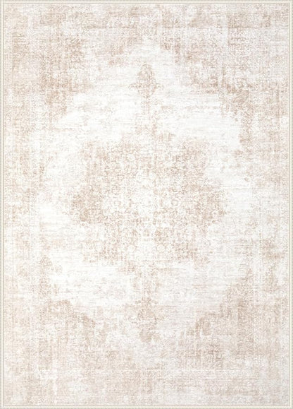 Area Rugs 8x10 Vintage Rug: Large Washable Living Room Rug Retro Medallion Distressed Rugs Soft Low Pile Non-Slip Indoor Floor Carpet for Bedroom Kitchen Nursery Dining Table Office (Beige/Brown)