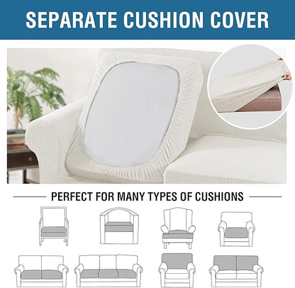 H.VERSAILTEX 4 Piece Stretch Sofa Covers for 3 Cushion Couch Covers for Living Room Furniture Slipcovers (Base Cover Plus 3 Seat Cushion Covers) Thicker Jacquard Fabric (Large Sofa, Porcelain White)