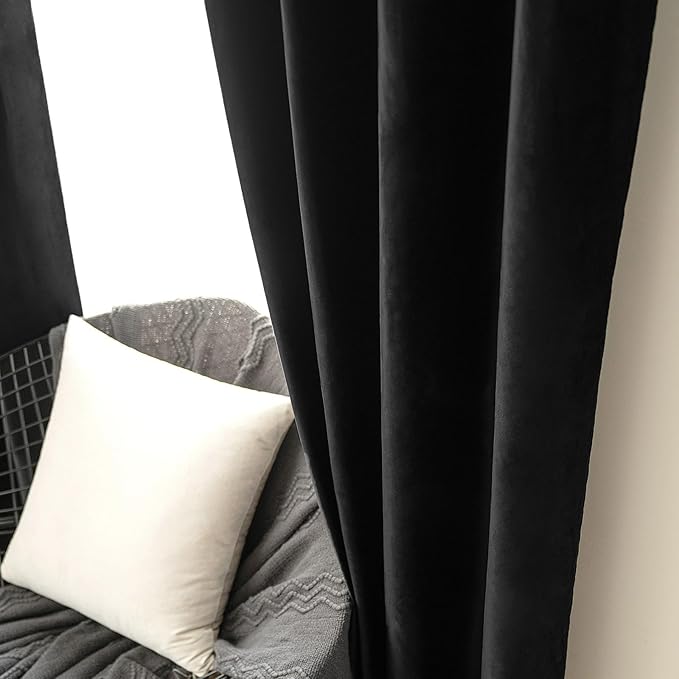 MIULEE Black Velvet Curtains 84 Inches Long Halloween Room Darkening Blackout Curtains with Grommet Top for Bedroom/Living Room Light Blocking Thermal Insulating Soundproof Set of 2