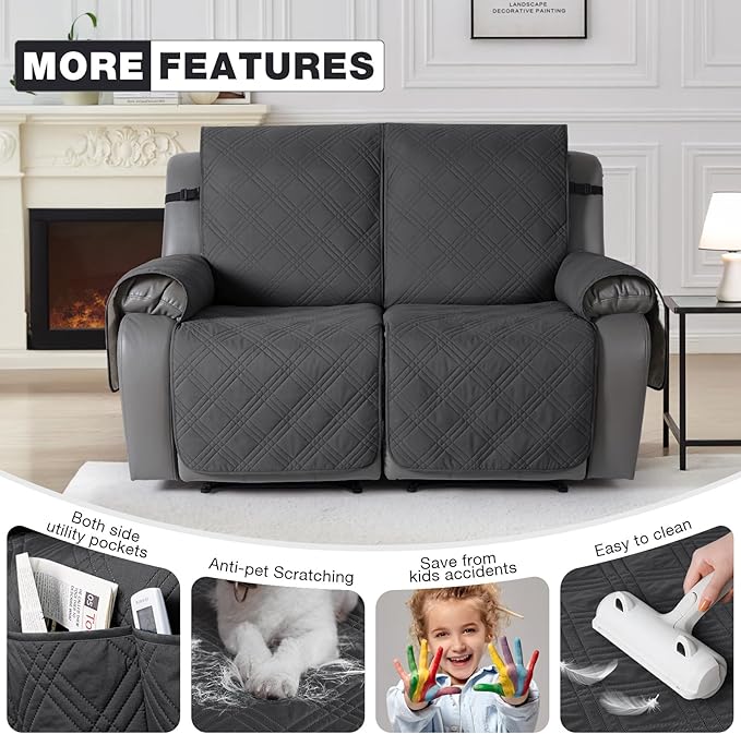 TAOCOCO 100% Waterproof Oversized Loveseat Recliner Cover, Non Slip Split Couch Covers for Reclining Loveseat with Elastic Straps for Kids Pets(Oversized 2 Seater, Charcoal Gray)