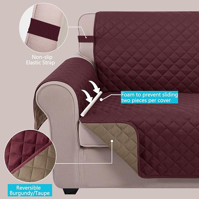 U-NICE HOME Recliner Chair Covers Reversible Chair Cover Pet Covers for Dogs with Elastic Straps Water Resistant Diamond Quilted (28''Recliner Oversized, Burgundy/Tan)
