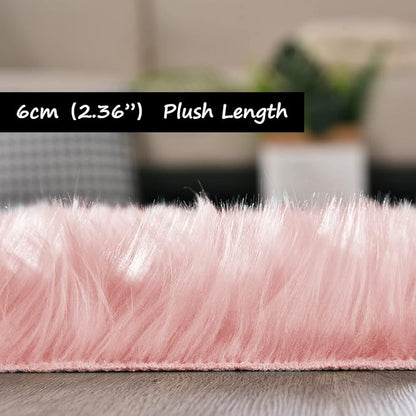 Goolela Pink Fluffy Fur Rug Fuzzy Furry Faux Sheepskin Pink Carpet 2x3 for Girls Bedroom Bedside Playroom Small Decor Cute Plush Washable Rectangle