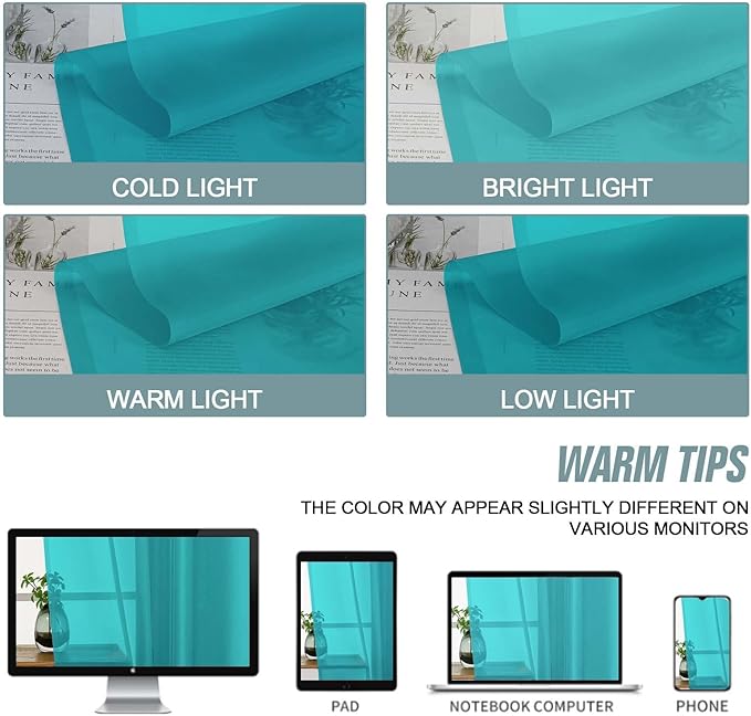 Turquoise Sheer Curtains 63 Inch Length 2 Panels, Voile Sheer Curtain for Living Room, Breathable Light Filtering Modern Window Treatments, Soft Fabric Dual Rod Pocket Drapes, 2x42Wx63L Inches