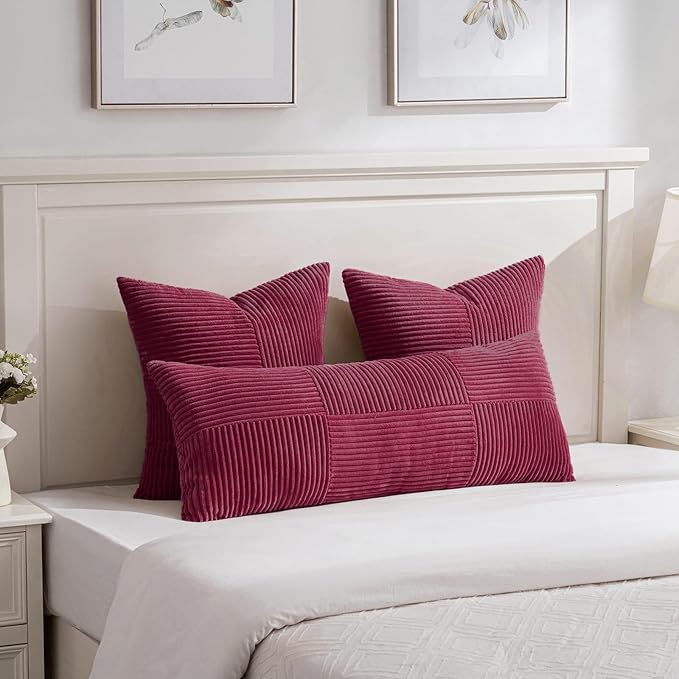 Fancy Homi 2 Packs Burgundy Lumbar Decorative Throw Pillow Covers 16x28 Inch for Living Room Couch Bed, Farmhouse Boho Home Decor, Soft Striped Corduroy Rectangle Accent Cushion Case 40x70 cm