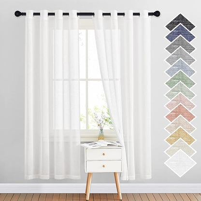 NICETOWN White Sheer Linen Curtains Flax Texture for Bedroom, Vintage Grommet Top Semitransparent Privacy Window Treatment Light Filtering for Living Room / Flat, W52 x L72, Set of 2