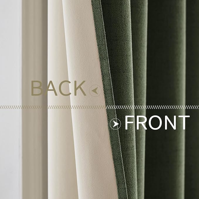 MIULEE 100% Blackout Linen Textured Curtains for Bedroom Solid Thermal Insulated Olive Green Grommet Room Darkening Curtains & Drapes Luxury Decor for Living Room Nursery 52 x 54 Inch (2 Panels)