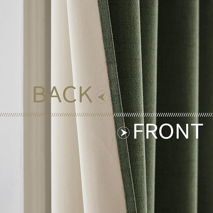 MIULEE 100% Blackout Linen Textured Curtains for Bedroom Solid Thermal Insulated Olive Green Grommet Room Darkening Curtains & Drapes Luxury Decor for Living Room Nursery 52 x 45 Inch (2 Panels)