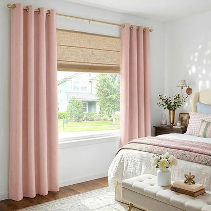 100% Blackout Shield Linen Blackout Curtains for Bedroom, Blush Pink Grommet Curtains for Living Room, Thermal Insulated Room Darkening Drapes for Nursery, Boho Home Decor, 50" W x 84" L, 2 Panels