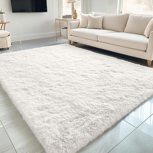 OLANLY 5x5 Area Rugs for Living Room Bedroom, Machine Washable Soft Fluffy Shaggy Bedside Rug, Indoor Floor Carpet for Kids Girls and Boys, Dorms, Nursery Rooms, Home Decor Aesthetic, Ivory