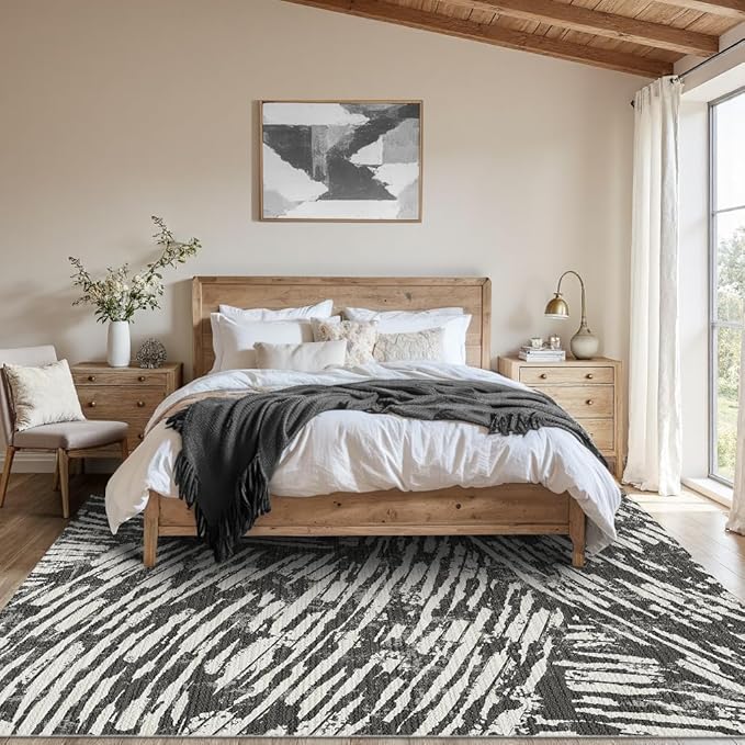 Latte&Fog 5x7 Area Rugs for Living Room Bedroom, Modern Abstract Washable Rug, Boho Non Slip Low Pile Carpet for Indoor Dining Room,Dorm, Classroom, College Dorm,Farmhouse and Kids Room - Black White