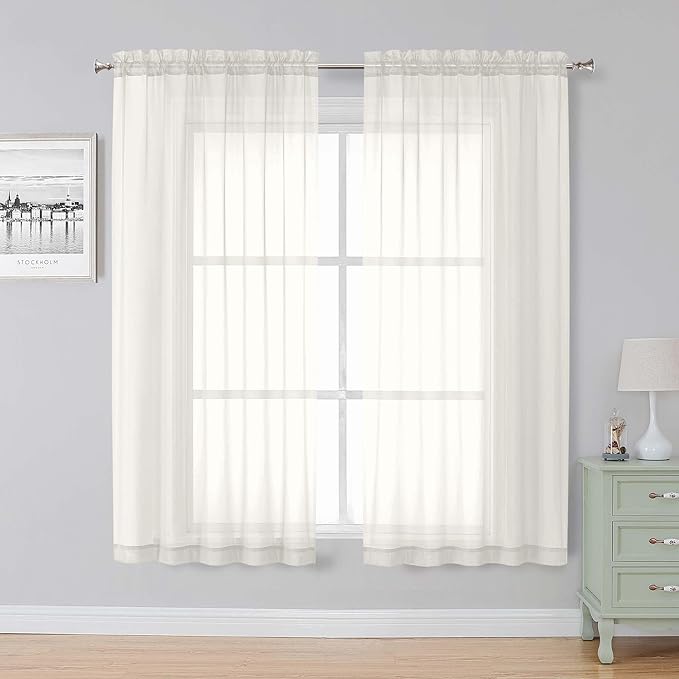 Simplebrand Ivory Sheer Curtains, 63" Length, 2 Panels Set - Light Filtering, Rod Pocket Window Curtains for Bedroom (Ivory, 59" W x 63" L)