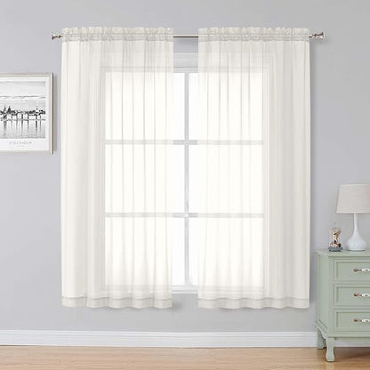 Simplebrand Ivory Sheer Curtains, 63" Length, 2 Panels Set - Light Filtering, Rod Pocket Window Curtains for Bedroom (Ivory, 59" W x 63" L)