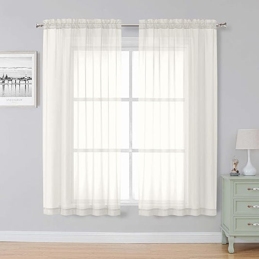 Simplebrand Ivory Sheer Curtains, 63" Length, 2 Panels Set - Light Filtering, Rod Pocket Window Curtains for Bedroom (Ivory, 59" W x 63" L)