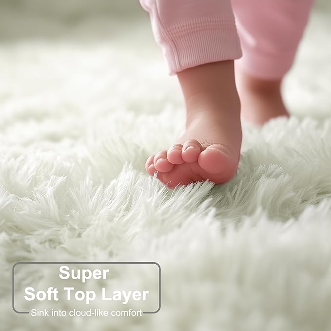 Amdrebio Ivory White Round Rug 5Ft for Bedroom Living Room Aesthetic, Neutral Fluffy Fuzzy Circle Area Rugs for Kids Room Playroom, Circular Plush Soft Shaggy Cream Carpet for Dorm Teen Baby Nursery