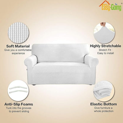 Easy-Going Stretch 4 Seater Sofa Slipcover 1-Piece Sofa Cover Furniture Protector Couch Soft with Elastic Bottom for Kids, Polyester Spandex Jacquard Fabric Small Checks Snow White