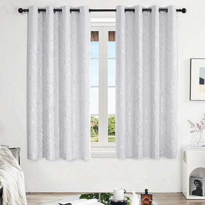 Deconovo Greyish White Curtains, Room Darkening Curtain, Thermal Insulated Soundproof Drapes, Silver Branch Print, 52 x 63 Inch Long, Grommet Window Panels for Living Room Bedroom Nursery, Set of 2