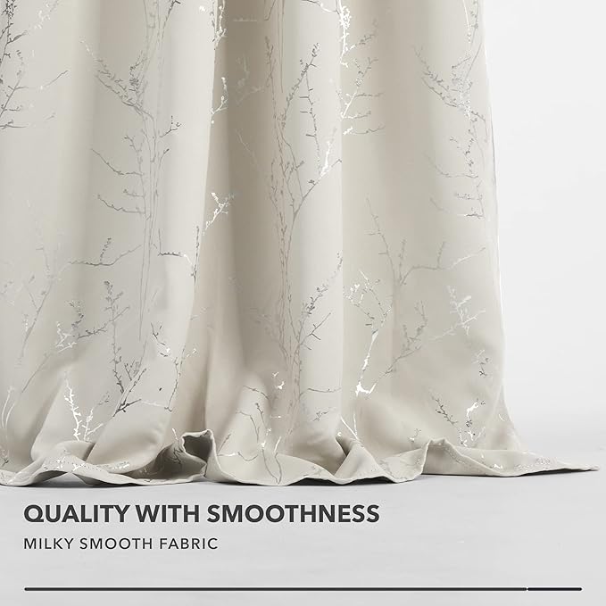 Deconovo Beige Bedroom Curtains, Room Darkening Curtain, Thermal Insulated Soundproof Drapes, Silver Branch Print, 42 x 72 Inch Long, Machine Washable Window Panels for Living Room Nursery, Set of 2