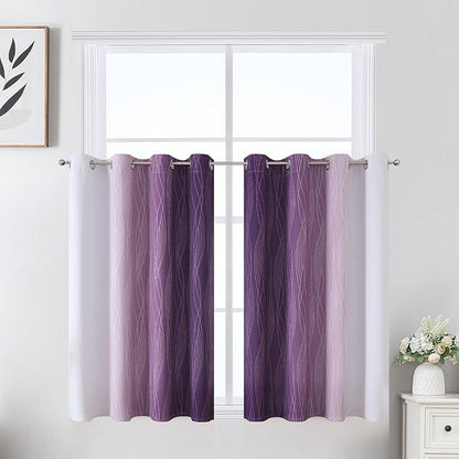 Estelar Textiler Purple and Greyish White Ombre Short Blackout Kitchen Curtains 36 Inch Long, Thermal Insulated Grommet Small Half Window Drapes for Cafe/Basement/RV Camper, 52Wx36L, 2 Panels