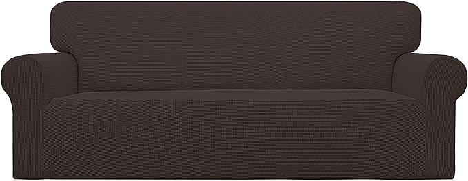 Easy-Going Stretch Sofa Slipcover 1-Piece Sofa Cover Furniture Protector Couch Soft with Elastic Bottom for Kids, Polyester Spandex Jacquard Fabric Small Checks (Sofa, Chocolate)