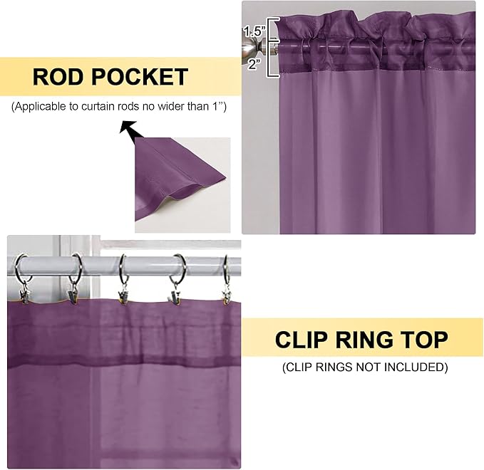 OVZME Plum Sheer Curtains 63 Inches Long 2 Panels - Soft Light Filtering Window Sheer Panels for Living Room/Bedroom, Top Dual Rod Pocket, 1 Pair, Each 42Wx63L Inches