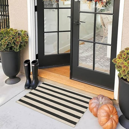 Black and White Striped Outdoor Rug - 2x3 Non-Slip Front Door Mat Outside Entrance Washable Doormat Indoor Outdoor Entry Rug Small Layered Rugs for Entryway Kitchen Front Porch Decor