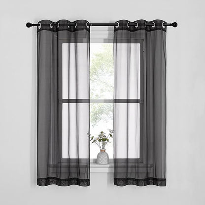 NICETOWN Sheer Curtains for Bedroom Windows, Grommet Casual Soft Voile Sheer Panels with Light Filter Window Treatments for Boy's Room/Bedroom, Black, Set of 2, W37 x L63