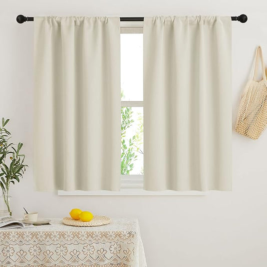 RYB HOME Short Curtains for Bedroom, Room Darkening Insulated Summer Heat Light UV Blocking Energy Saving Drapes for Nursery, Width 34 by Length 45, Beige, Set of 2