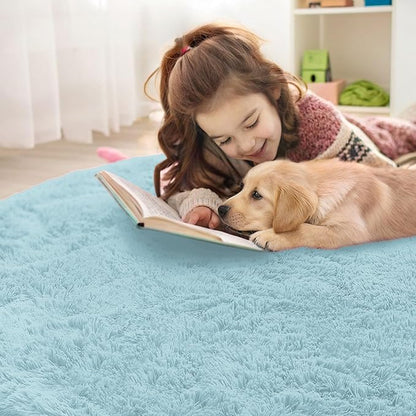 OLANLY Light Blue Round Rugs for Bedroom - Machine Washable, 5 ft Circle Area Rugs for Living Room, Soft and Fluffy Shaggy Carpet for Teen Girl and Boys, Nursery Rooms, Dorms, Home Decor Aesthetic