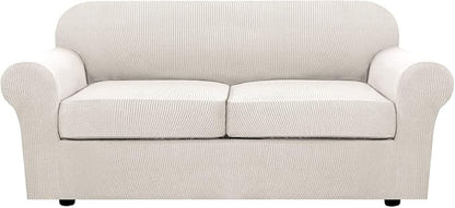 H.VERSAILTEX 3 Piece Stretch Sofa Covers for 2 Cushion Sofa Couch Covers for Living Room Sofa Slipcovers (Base Cover Plus 2 Seat Cushion Covers) Thicker Jacquard Fabric(Large Sofa, Ivory)