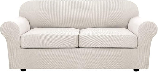 H.VERSAILTEX 3 Piece Stretch Sofa Covers for 2 Cushion Sofa Couch Covers for Living Room Sofa Slipcovers (Base Cover Plus 2 Seat Cushion Covers) Thicker Jacquard Fabric(Large Sofa, Ivory)