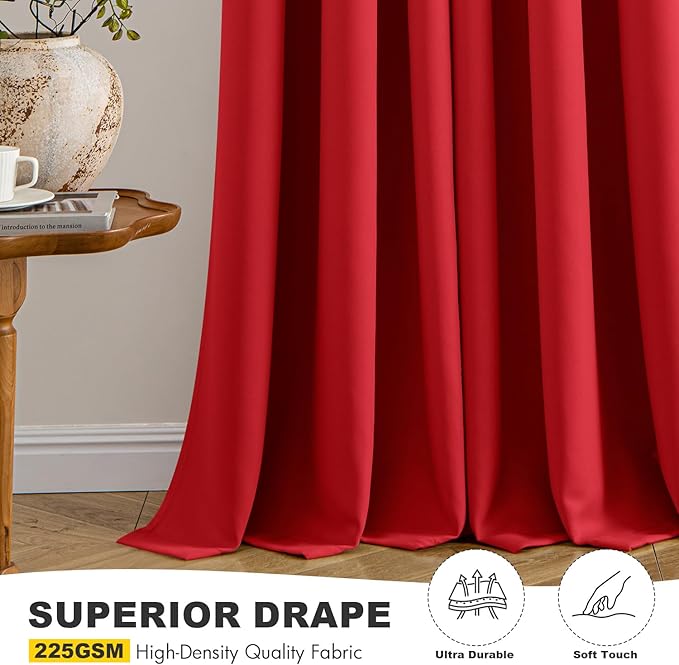 MIULEE Christmas Red Blackout Curtains for Bedroom Living Room 63 Inches Long 2 Panels, Thermal Insulated Room Darkening Drapes Solid Grommet Top Light Blocking Window Treatments 40x63 Inch