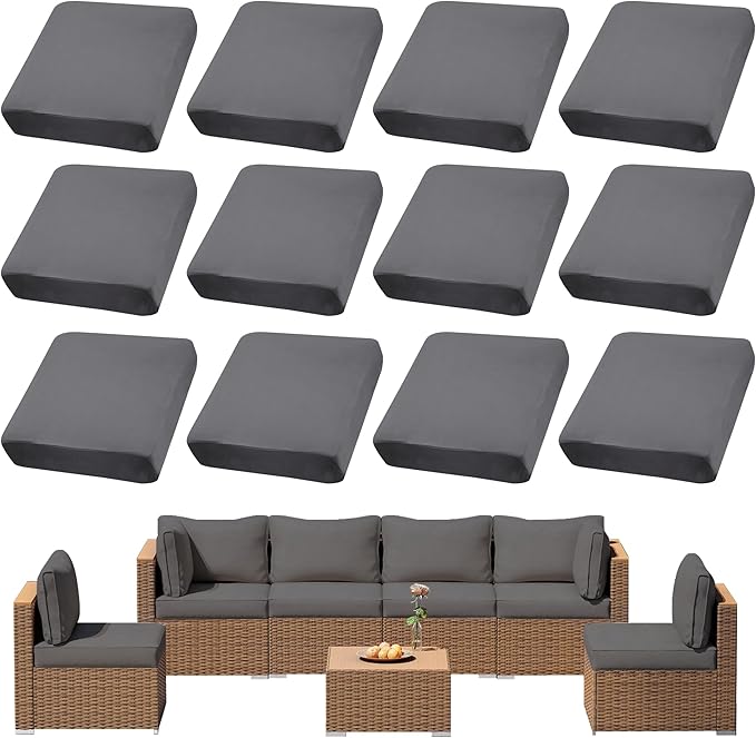 12Pcs Outdoor Cushion Covers, Patio Cushion Covers,Stretch Elastic Slipcovers, Replacement Washable & Reusable Furniture Protector for Patio Couch (Grey,Cover Only)