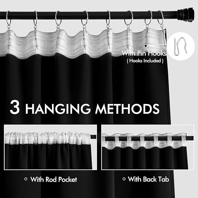 MIULEE Black Back Tab Blackout Curtains 132 Inch Length 2 Panels Set for Living Room Bedroom Privacy, Halloween Rod Pocket/Pinch Pleat Thermal Insulated Room Darkening Pleated Light Blocking Drapes