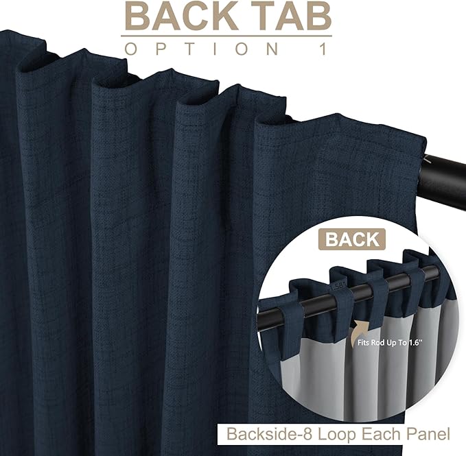 100% Blackout Shield Linen Blackout Curtains for Bedroom 108 Inches Long, Back Tab/Rod Pocket Living Room Drapes, Thermal Insulated Blackout Curtains 2 Panels Set, 50" W x 108" L, Navy