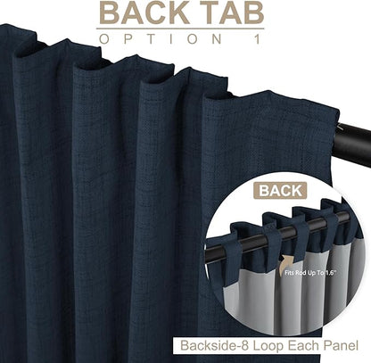 100% Blackout Shield Linen Blackout Curtains for Bedroom 108 Inches Long, Back Tab/Rod Pocket Living Room Drapes, Thermal Insulated Blackout Curtains 2 Panels Set, 50" W x 108" L, Navy