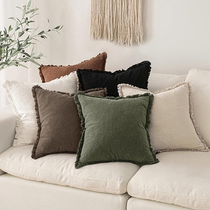 MIULEE Decorative Throw Pillow Covers Neutral Linen Fringe Throw Pillows Euro Shams Set of 2 Chocolate Brown Boho Farmhouse Cushion Covers for Couch Sofa Bed Living Room Spring Home Decor 26x26 Inch